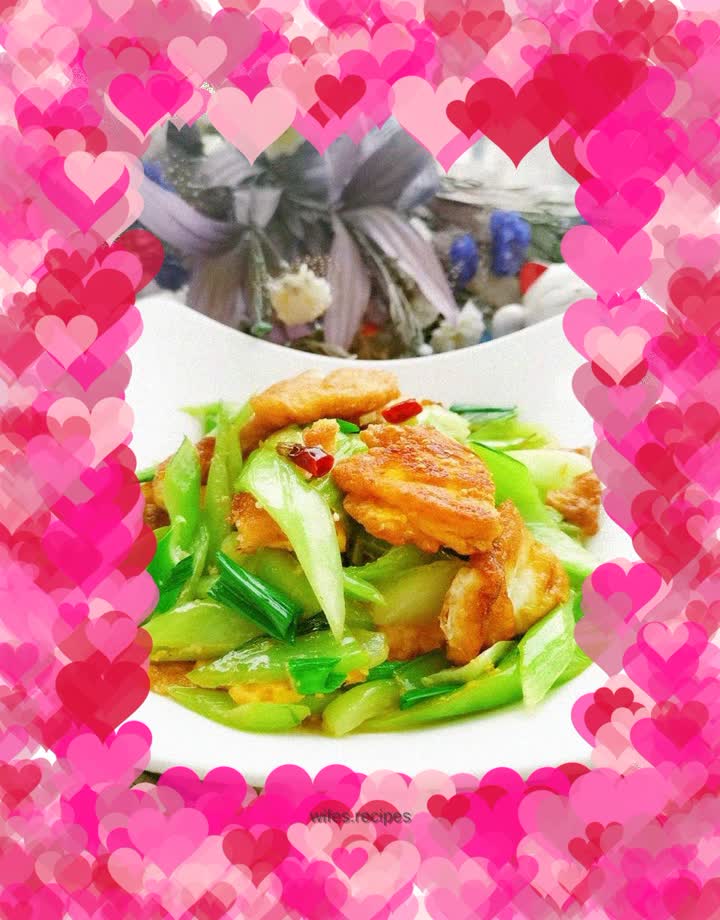 Fried poached eggs with green cabbage stalks