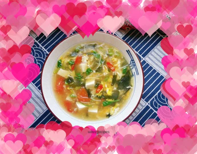 Enoki mushroom, kelp sprout, tofu and egg drop soup