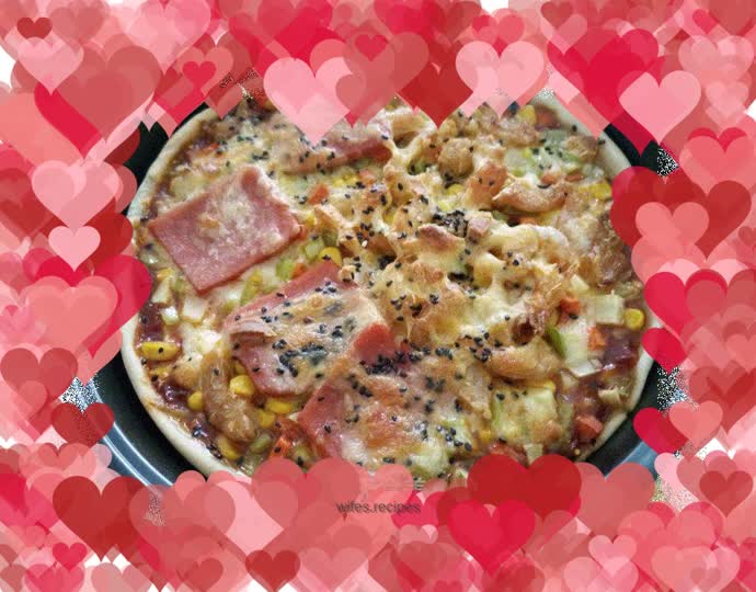 Fruit, vegetable, ham, bacon and shrimp pizza