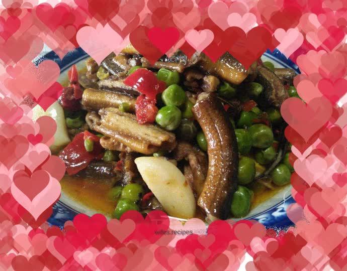 Eel and roasted peas