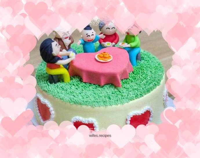 Love and reunion themed fondant doll cream cake