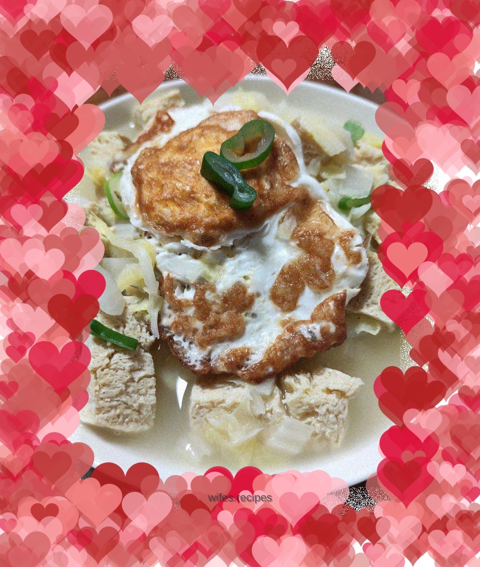 Cabbage, frozen tofu and omelette soup