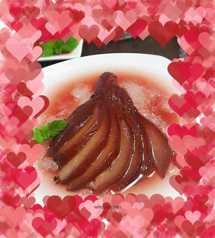 Iceberg red wine braised pears