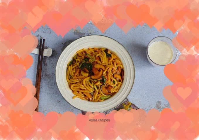 Stir-fried potato noodles with bacon and mushrooms