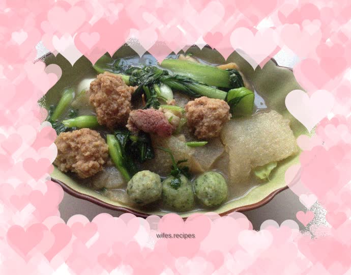 Meatballs, greens and vegetable chowder with black pepper taste super fresh