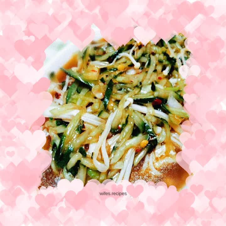 Cucumber mixed with enoki mushrooms