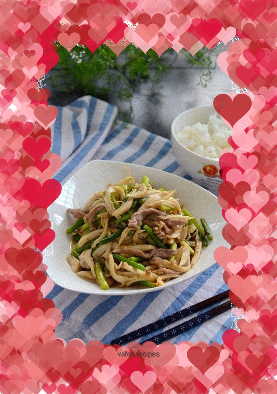 Stir-fried king oyster mushrooms with garlic sprouts