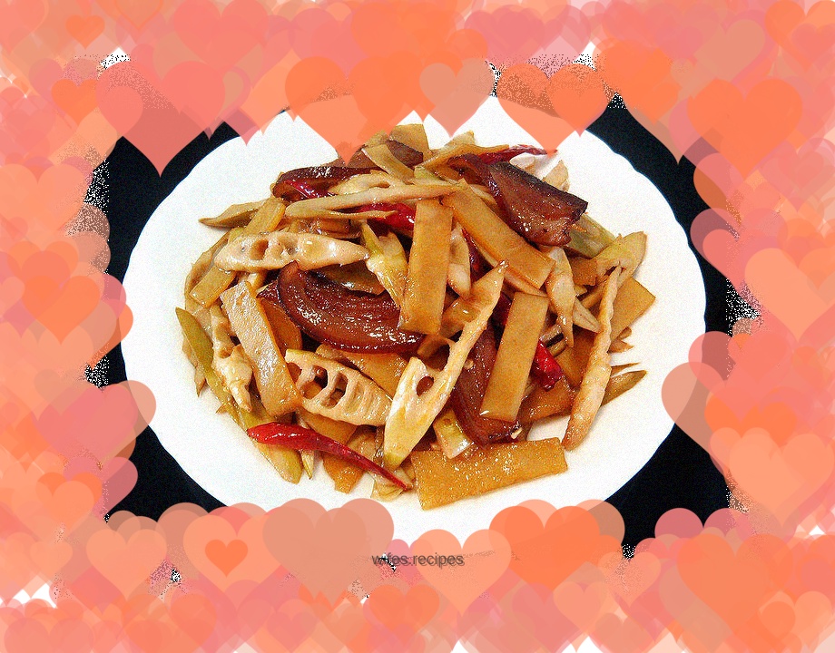Stir-fried bacon with bamboo shoots and bean curd