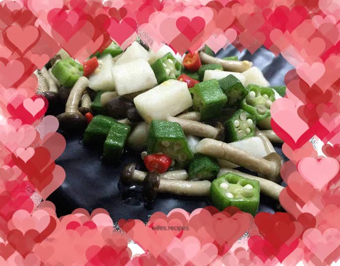 Stir-fried crab-flavored mushrooms with okra, yam