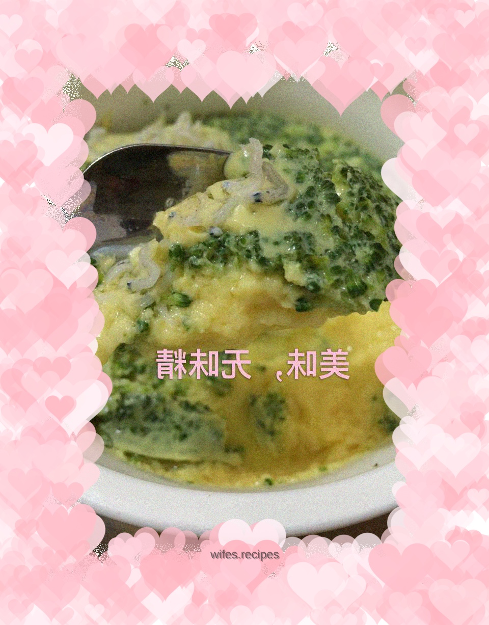 Delicious steamed egg with broccoli and sea anchovies