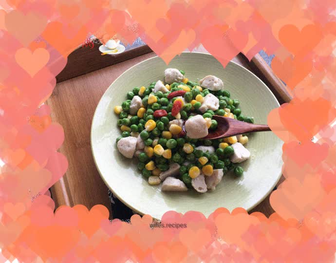 Stir-fried fish balls with green beans and corn