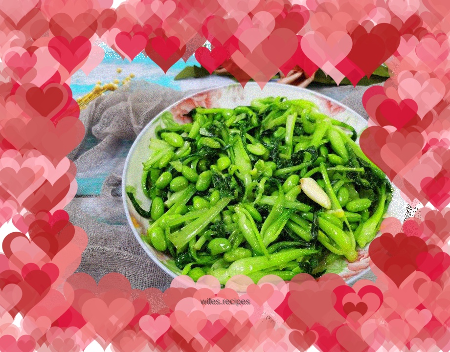 Stir-fried edamame with baby greens