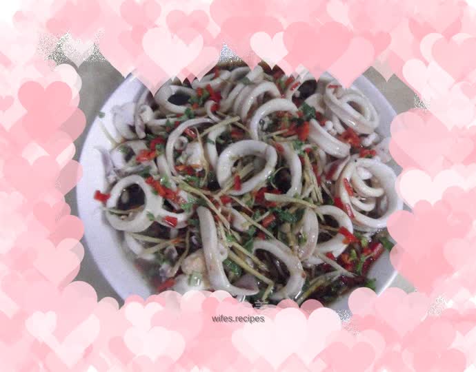 Squid mixed with enoki mushrooms