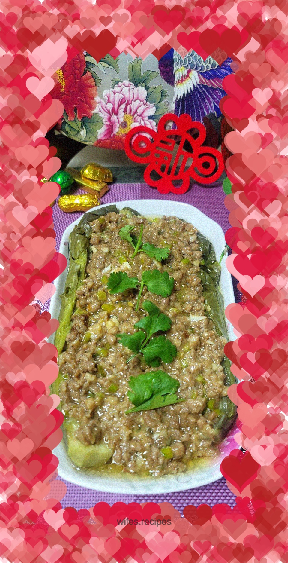 Steamed green eggplant with minced meat