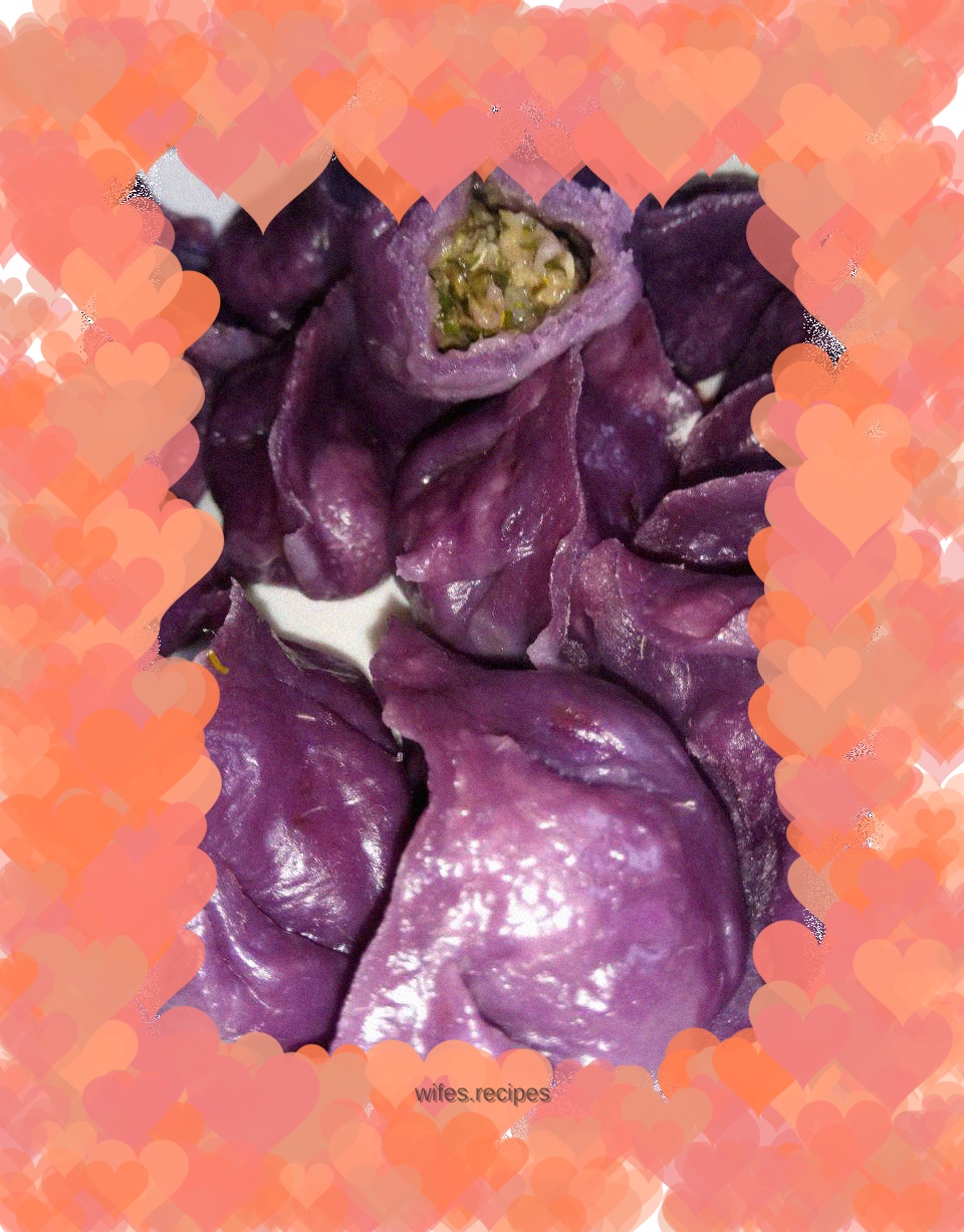 Steamed Dumplings with Purple Sweet Potato, Dandelion and Pork Stuffing