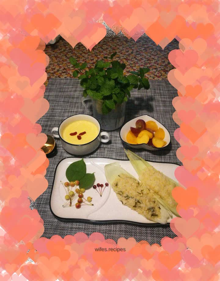 A golden breakfast with a sense of harvest, corn pan & steamed eggs with milk