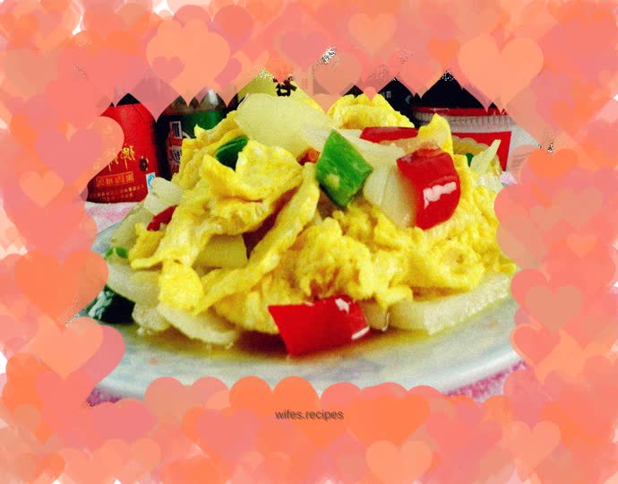 Fried eggs with onions and bell peppers