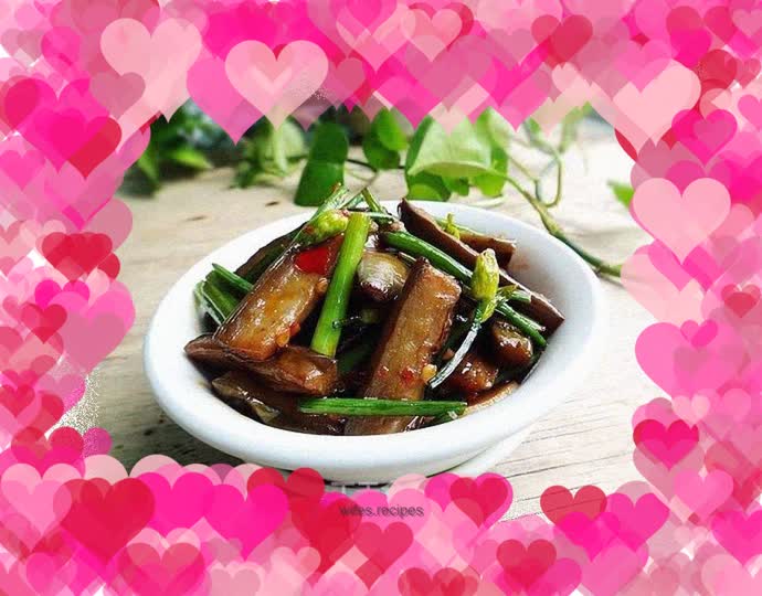 Fried eggplant with chive flowers