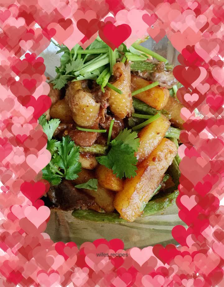 Chicken offal, roasted potatoes and beans