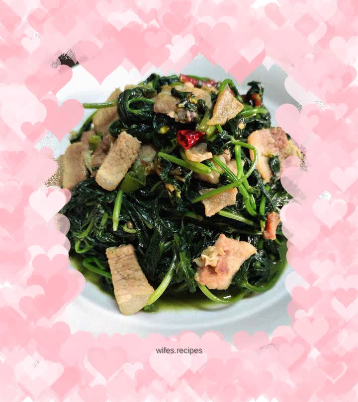 Stir-fried sweet potato leaves with pork belly