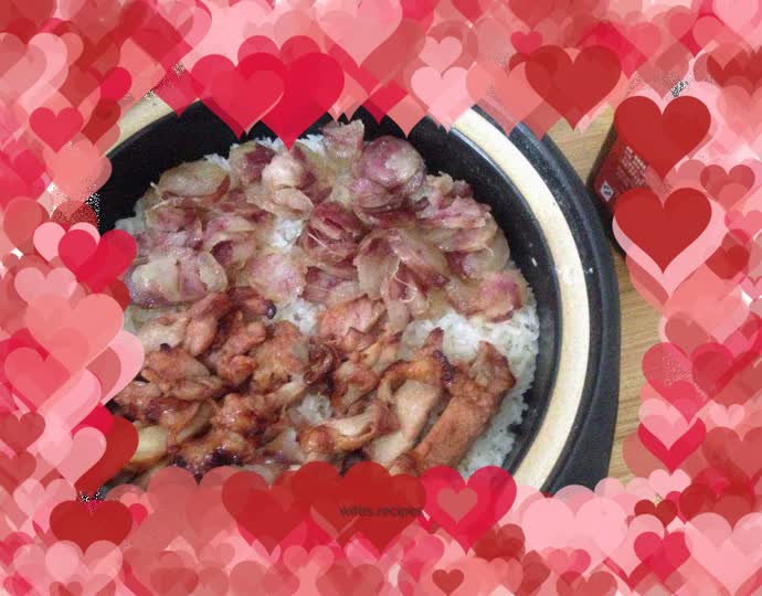 Barbecued Pork Chicken Legs and Sausage Claypot Rice