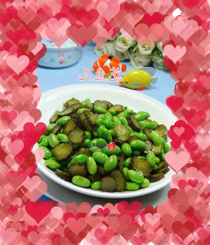 Stir-fried edamame with pickled cucumber