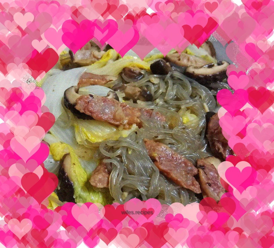 Braised Sweet Potato Noodles with Sausage, Shiitake Mushrooms