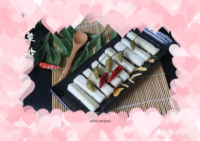 Hot and sour radish strips with pickled peppers