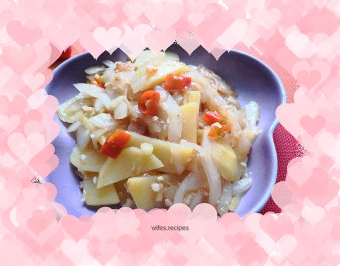 Fried potato slices with old cucumber