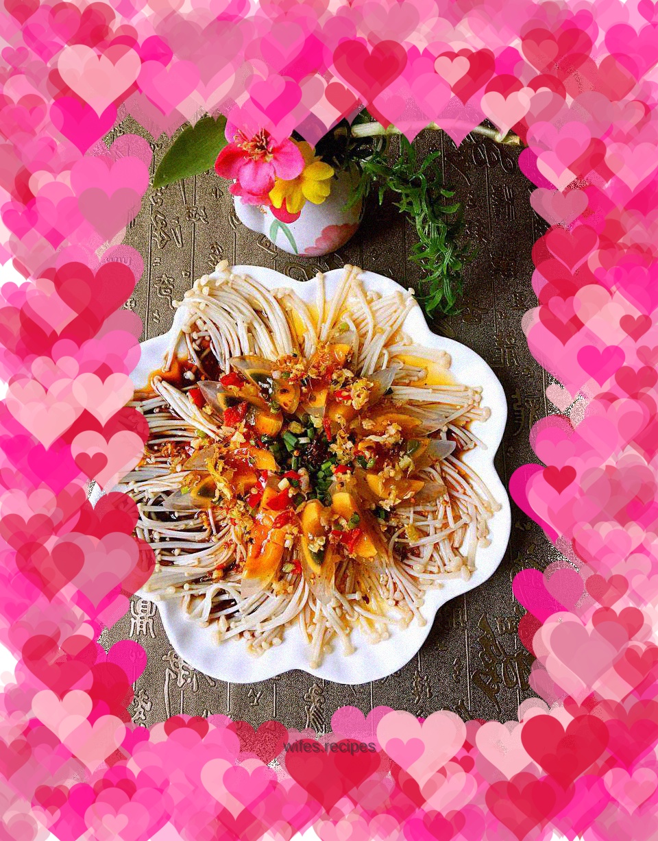 Cold preserved egg and enoki mushrooms