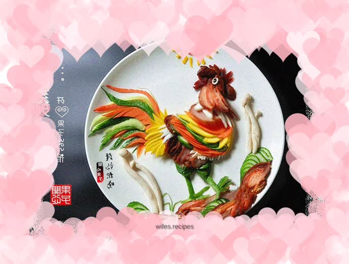 Rooster crowing dinner plate painting