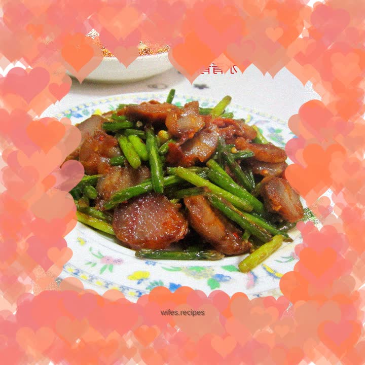Stir-fried sausage with garlic sprouts