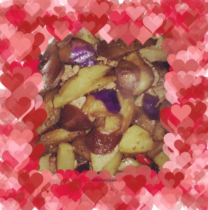 Fried Lean Pork with Eggplant, Melon and Potatoes