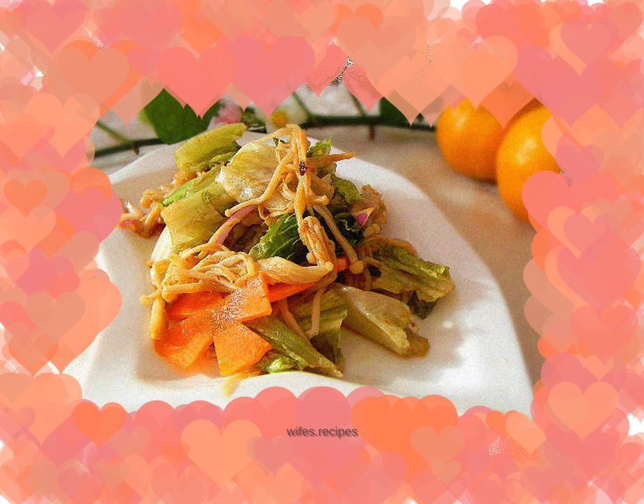 Oven version of lettuce and enoki mushrooms