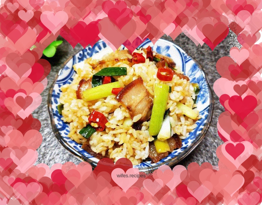 Braised rice with garlic sprouts and bacon (rice cooker version)