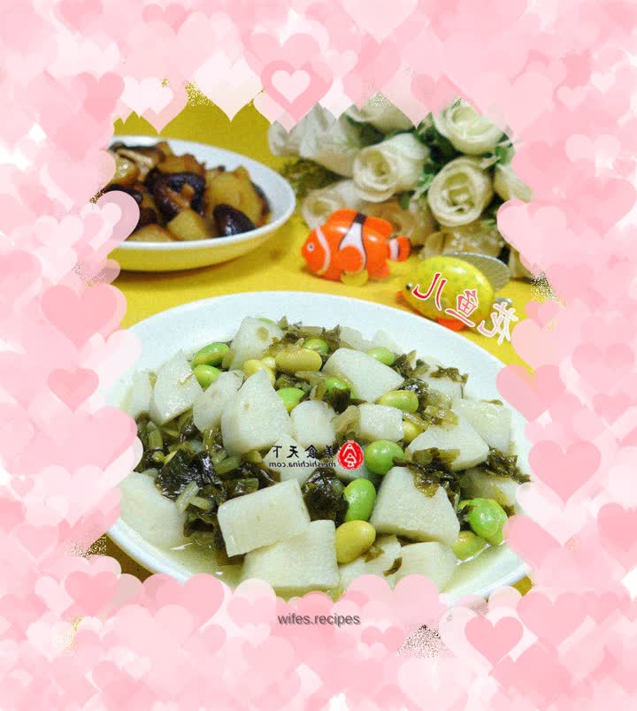 Stir-fried yam with pickled vegetables and edamame