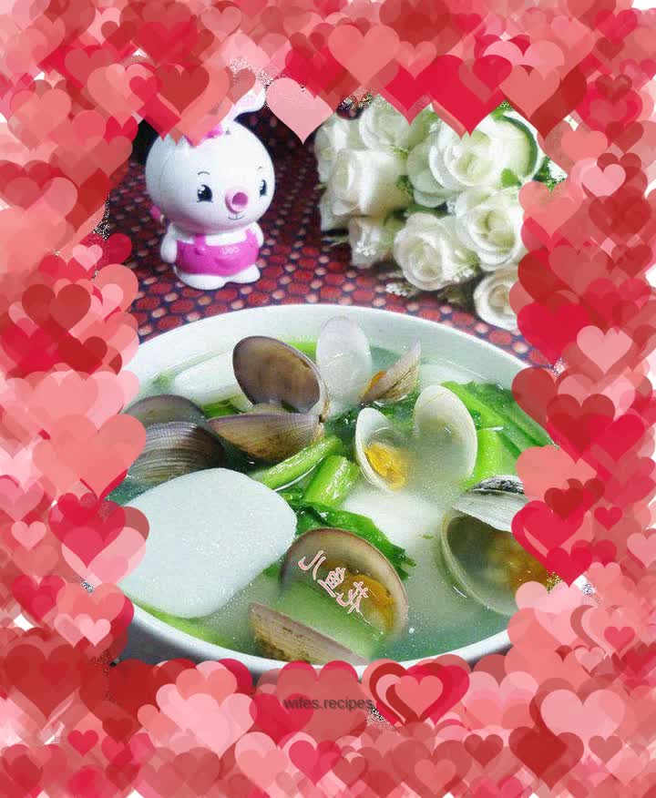 Rapeseed, red ball and clam rice cake soup