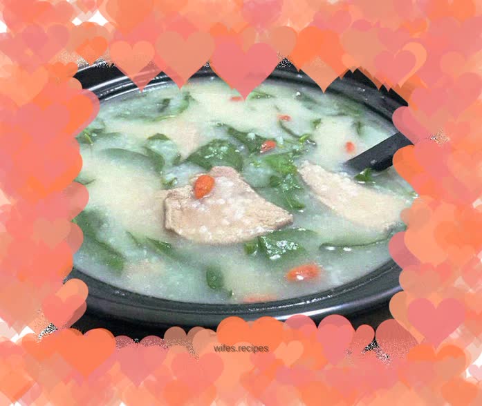 Porridge base with wolfberry leaves and pork liver soup