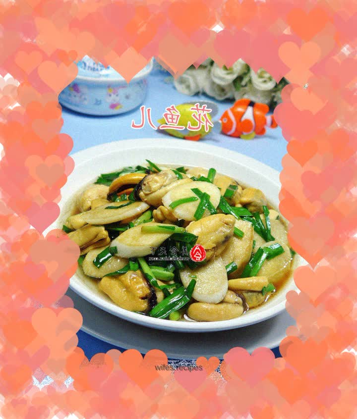 Stir-fried mussels with leeks and wild rice