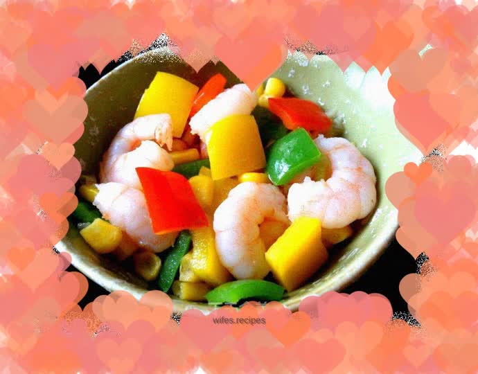 Stir-fried shrimps with colorful pepper and corn