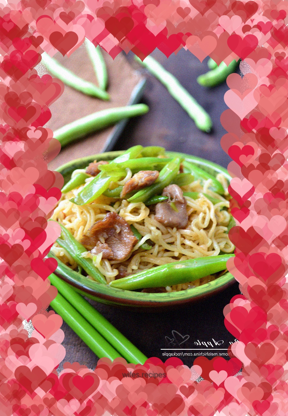 【Stir-fried instant noodles with meat and beans】