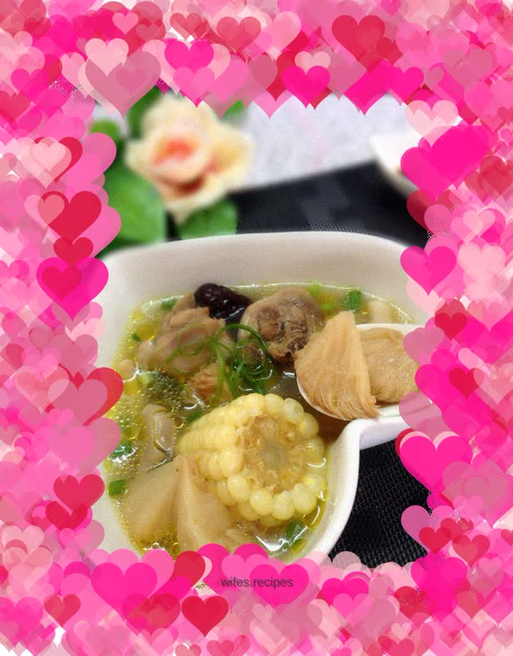 Hericium mushroom, corn and chicken soup