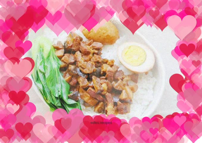 Crispy braised pork rice with onions, baby food, rape + egg + mushrooms