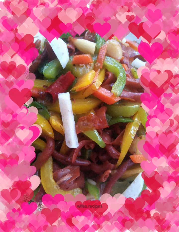 Stir-fried Jingwu duck intestines with colored peppers