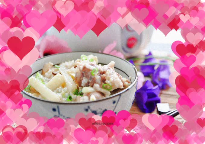 Healthy porridge with fresh bamboo shoots, mushrooms and pork ribs