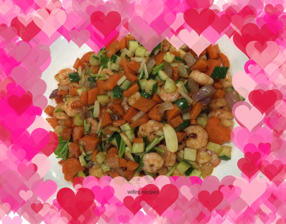 Stir-fried shrimps with diced vegetables