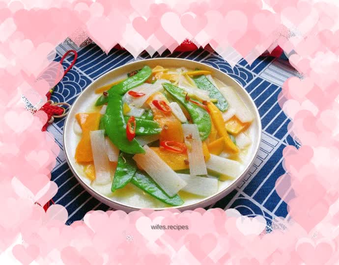 Stir-fried snow peas with yam and pumpkin
