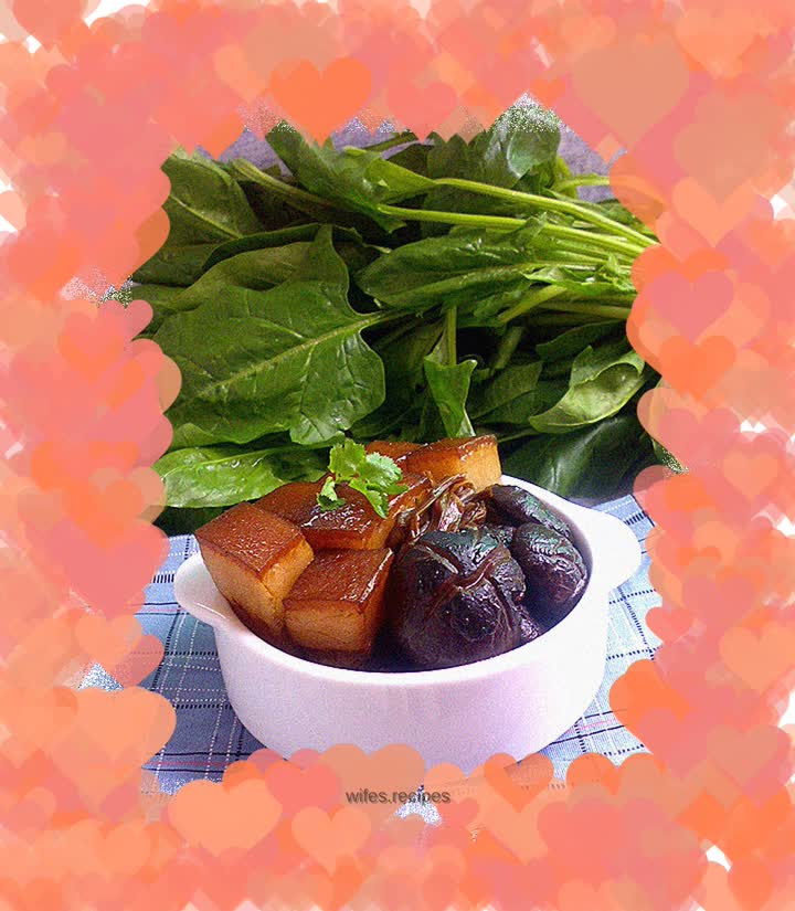 Braised pork with mushrooms and enoki needles