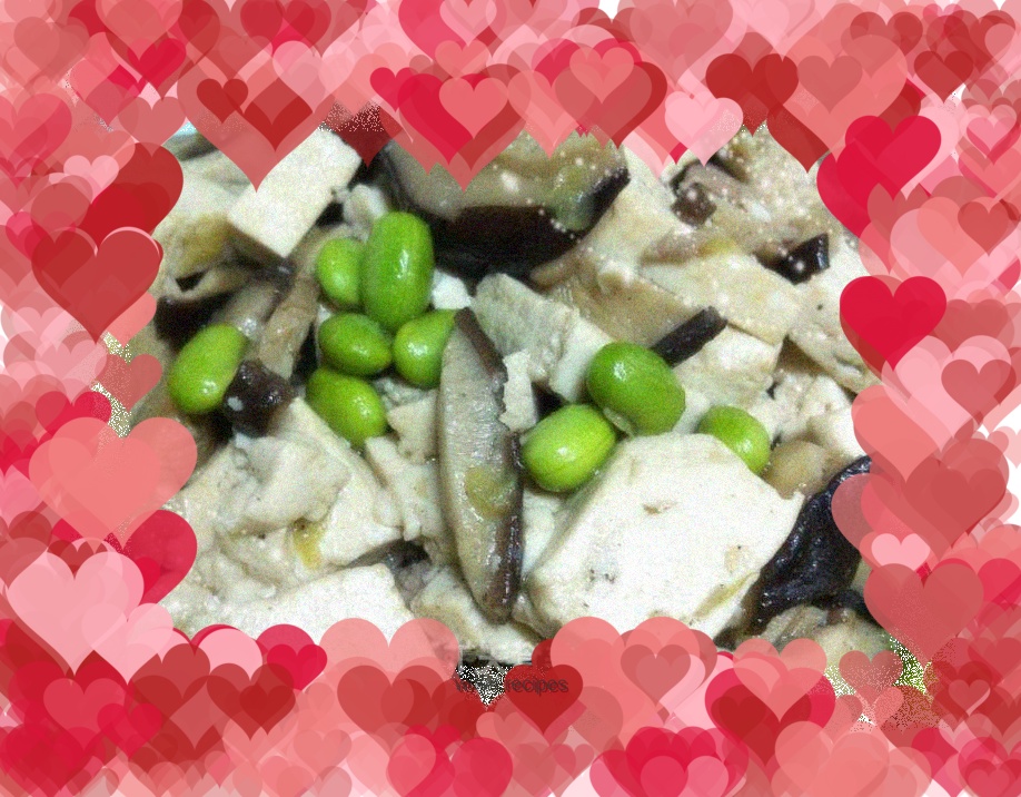 Braised tofu with mushrooms, edamame and pork slices