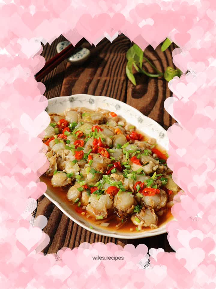 Steamed scallop meat with pickled pepper and enoki mushrooms